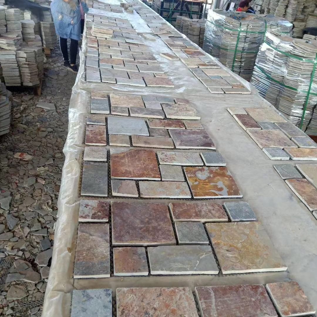 Crazy paving flagstone detail, riven split face texture and mesh bond close-up