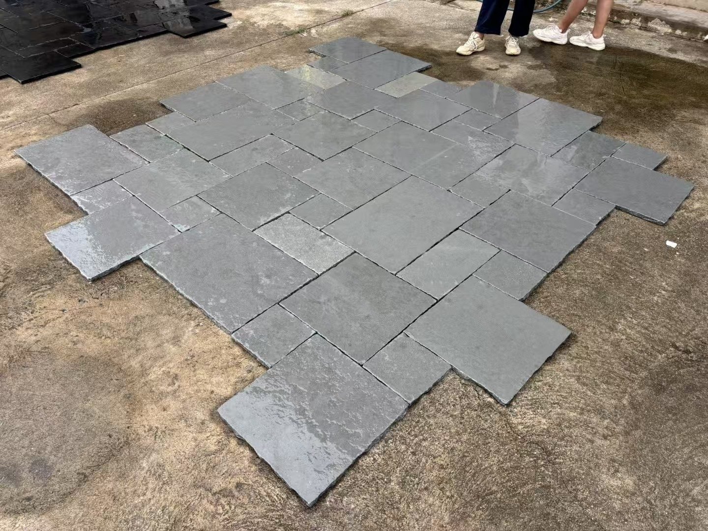 Crazy paving flagstone detail close-up, riven split face and mesh bond quality
