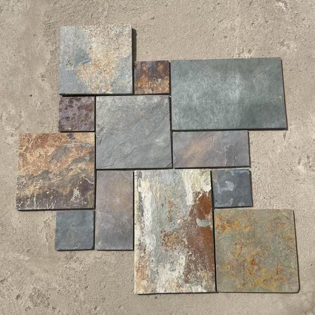 Crazy paving flagstone detail close-up, riven split face and mesh bond quality