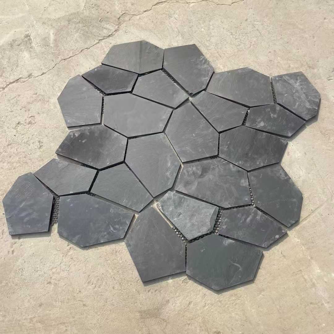 Crazy paving flagstone detail close-up, riven split face and mesh bond quality