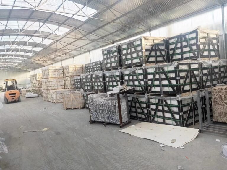 large scale warehouse inventory for natural stone veneer export - zero-breakage packaging with reinforced wooden crates and steel strapping, export packing for ocean freight at Top Stone Panels...