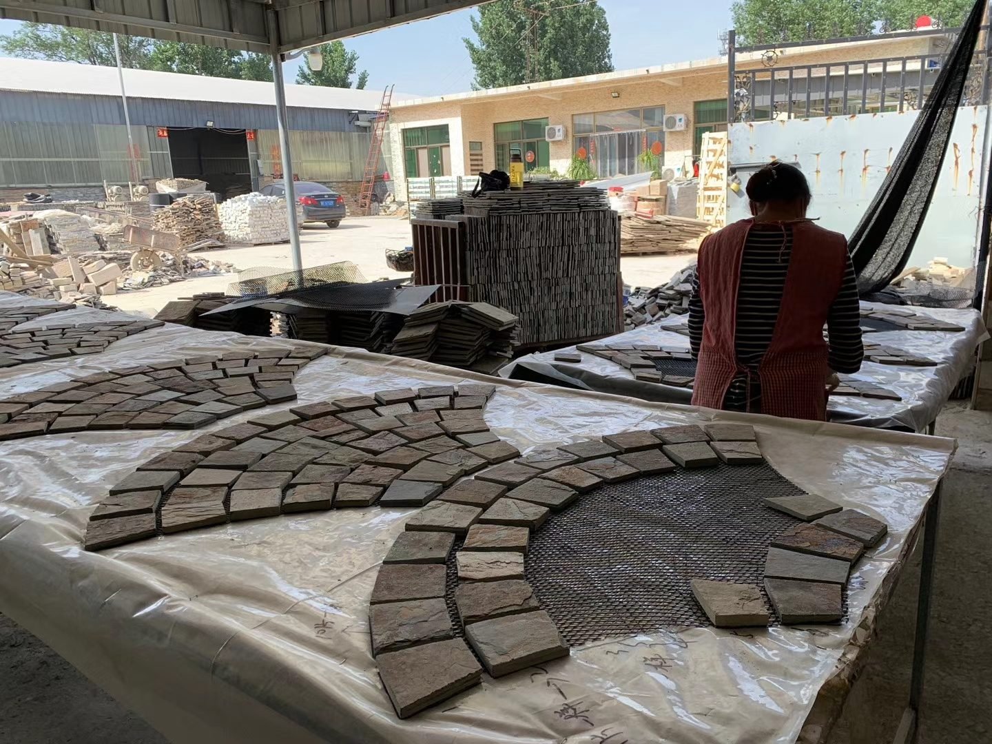 Factory production of flagstone crazy paving sheets, quality control and packing