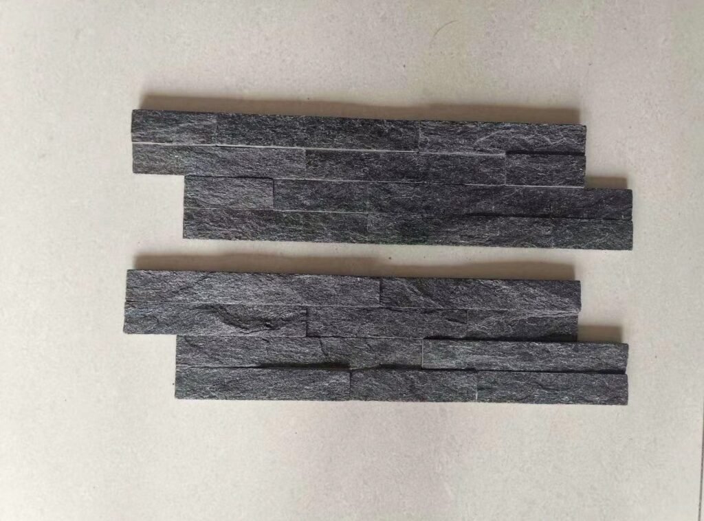 sparkle black quartzite thin ledgestone wall tile 10x36cm details - close-up texture of ultra thin stone veneer, mini ledgestone detail for european architectural cladding, modern linear design -...
