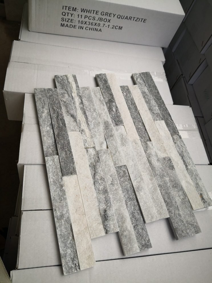 sparkle ice grey quartzite mini ledgestone details - close-up texture of ultra thin stone veneer, mini ledgestone detail for european architectural cladding, modern linear design - photo 15