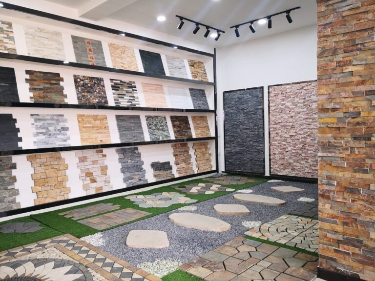 stacked stone ledger panels samples in showroom - Top Stone Panels factory showroom display with stacked stone, ledgestone and stone cladding samples for wholesale buyers - photo 1