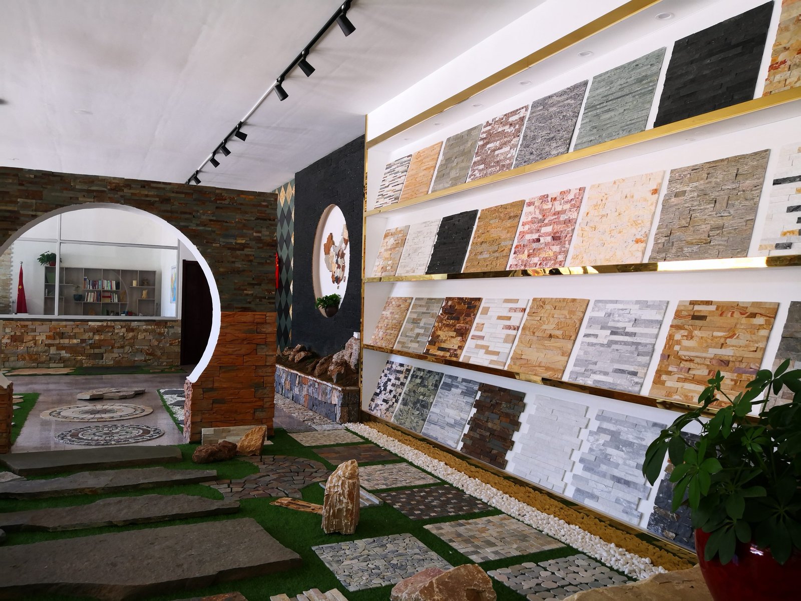 Top Stone Panels factory showroom with full color and texture display walls for natural stone cladding