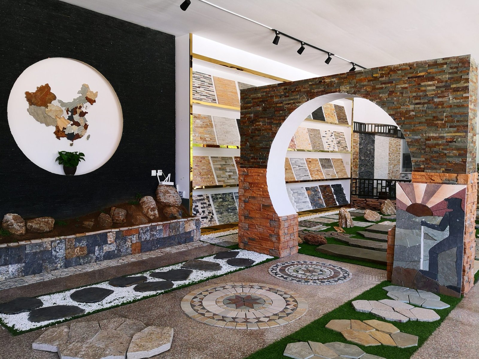 Top Stone Panels factory showroom displaying thin ledgestone panels and stone veneer samples