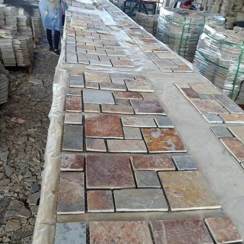 Crazy paving flagstone detail, riven split face texture and mesh bond close-up