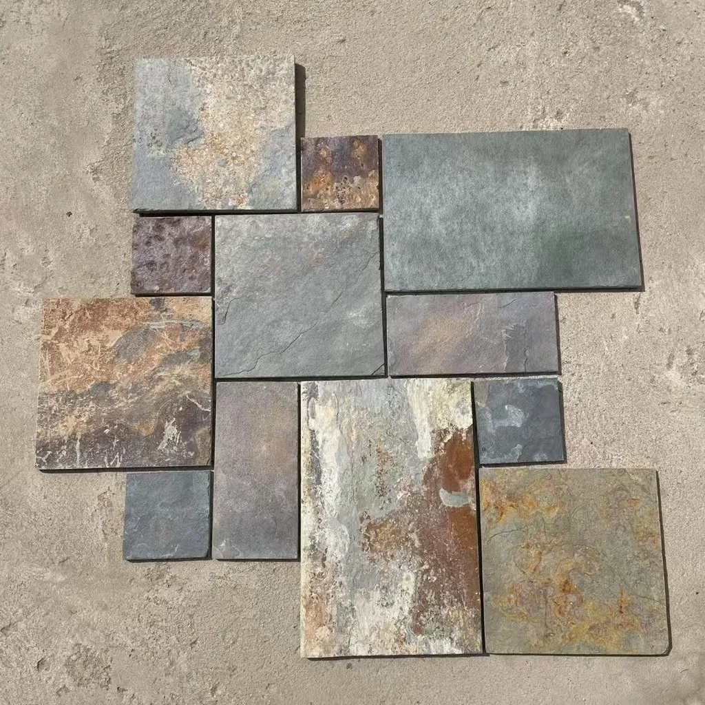 Crazy paving flagstone detail close-up, riven split face and mesh bond quality
