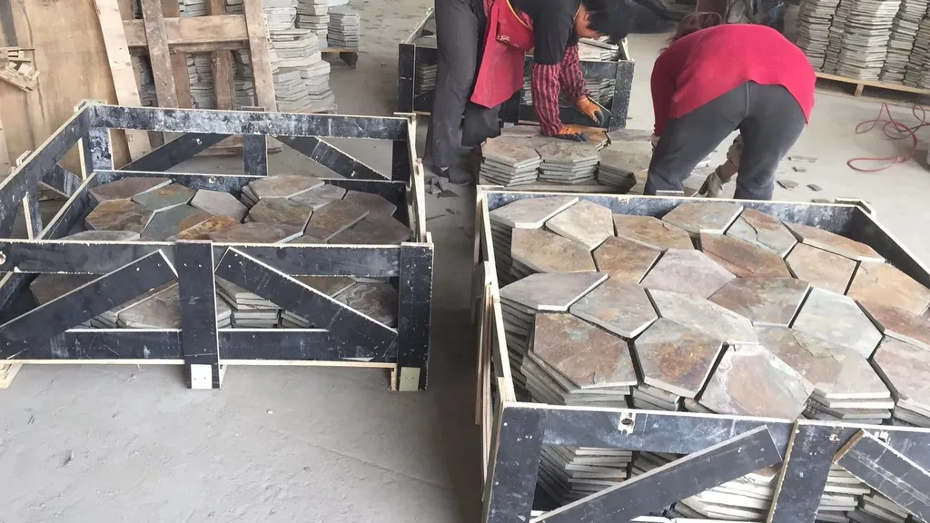 Rolling, cartoning and palletizing mesh-backed flagstone sheets for export