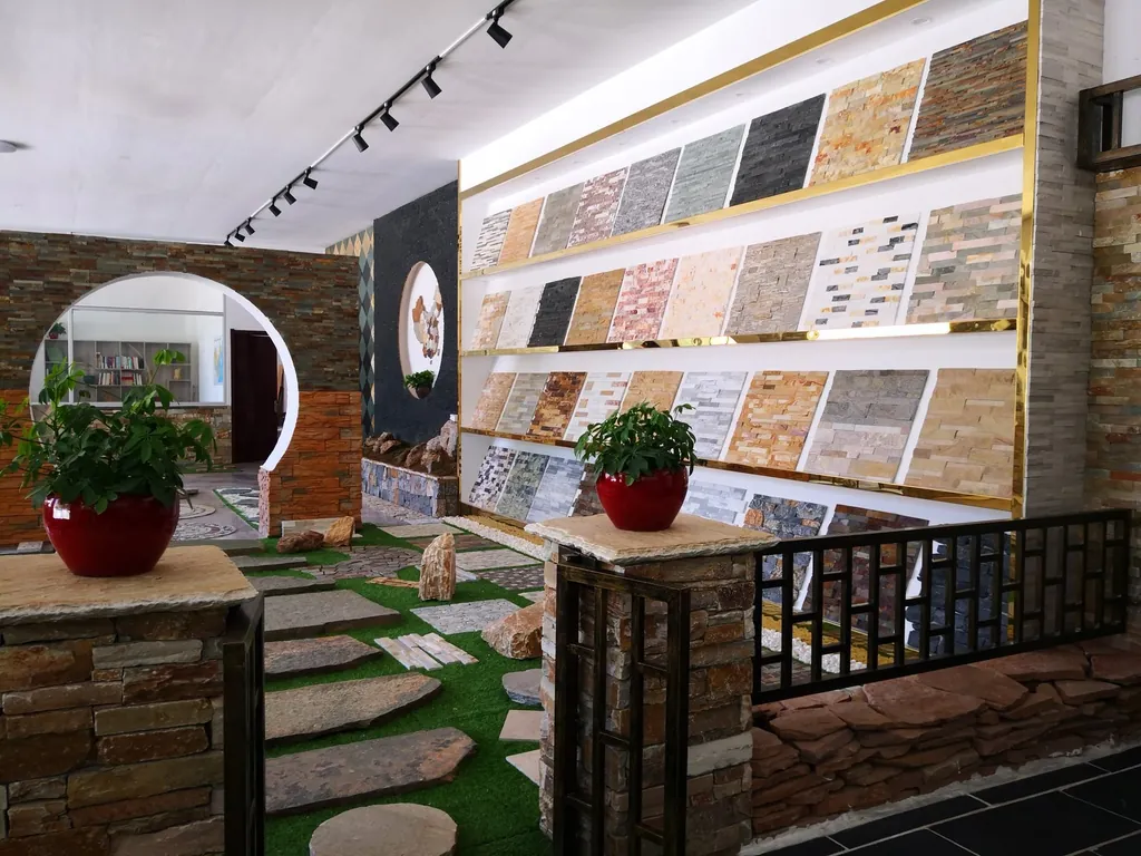 Top Stone Panels factory showroom displaying stone cladding and stacked stone panels