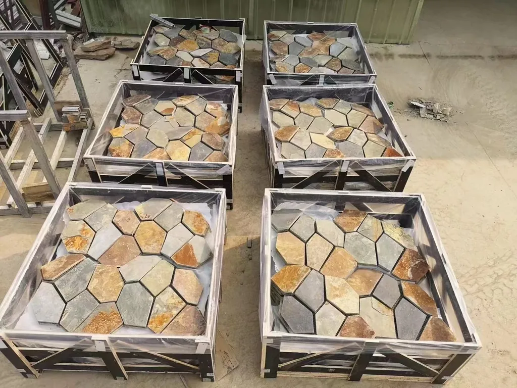 Well-packed flagstone export cartons and pallets ready for container loading at Tianjin Xingang
